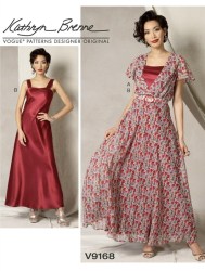 9168 Vogue Kathryn Brenne Glorious Long Loose Blouson Elastic Waist, Belted Dress, Slip Pattern 14-22 Uncut